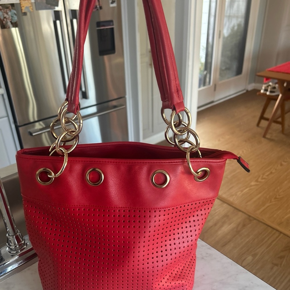 Red Perforated Tote Bag Gold Hardware